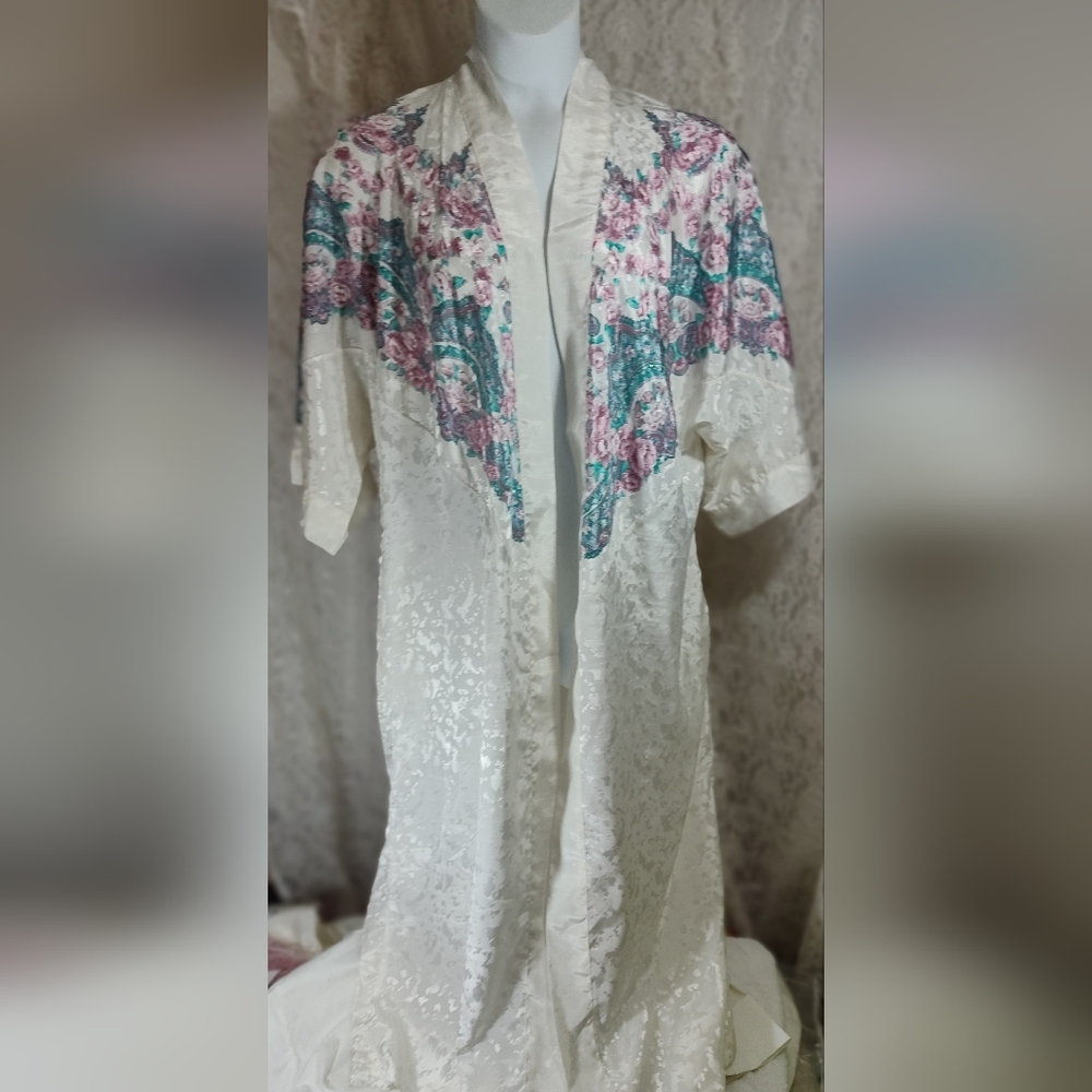 Cypress Open Teal Pink White Floral Kimono Robe
